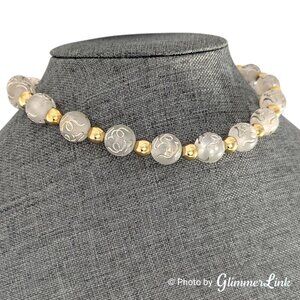 Vintage Frosted Lucite Beaded Choker Necklace Silver Swirl Beads Gold Tone